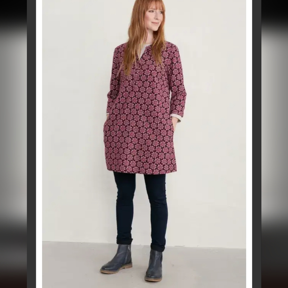 Seasalt Cornwall Sz US 12 Burgundy Brown Floral Bauble Geo South Terrace Tunic